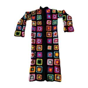 Amazing Handmade Crochet Colorful Granny Square Super Long Duster Cardigan M